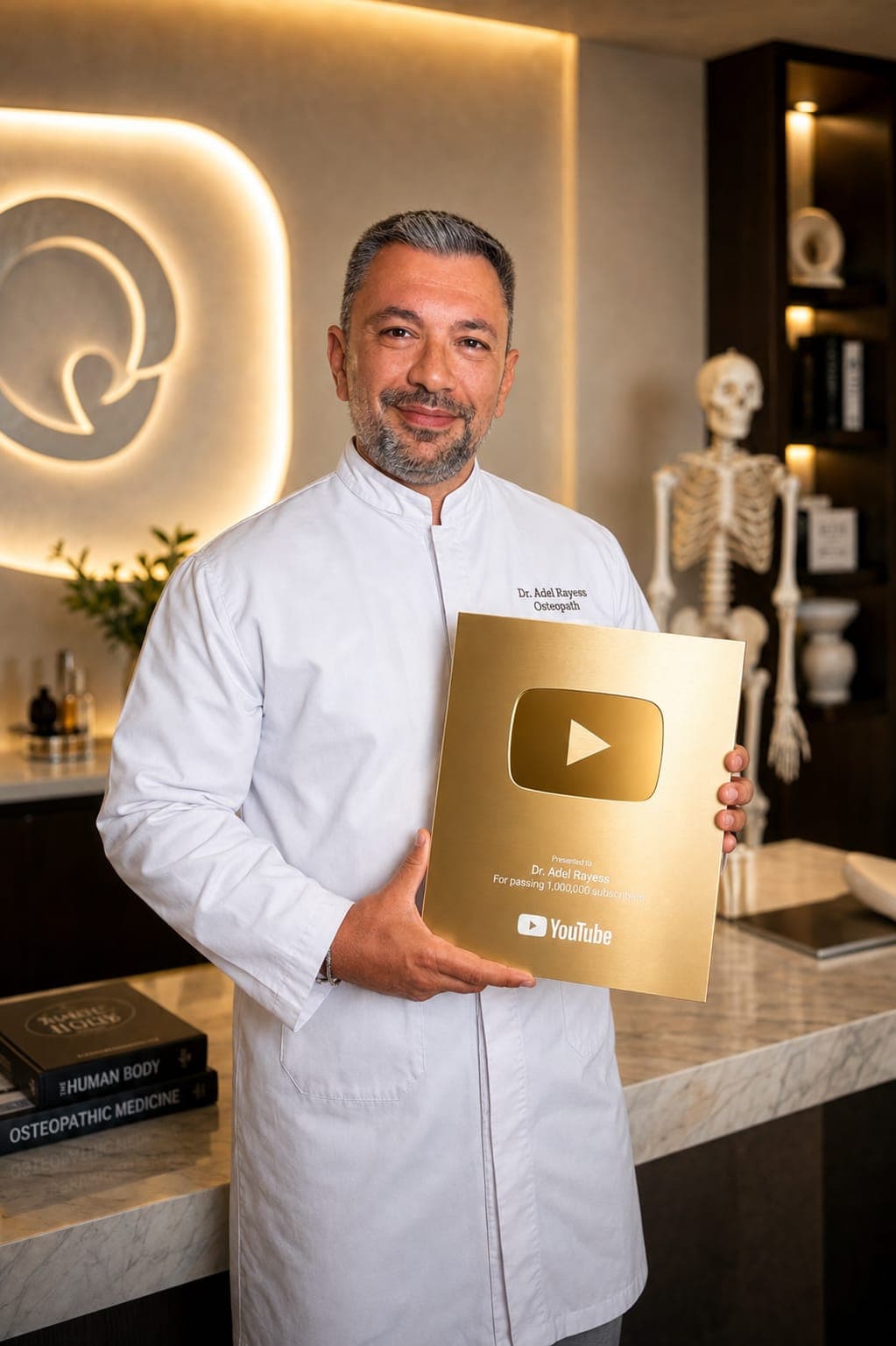 Dr. Adel Rayess hält den YouTube Gold Play Button für eine Million Abonnenten